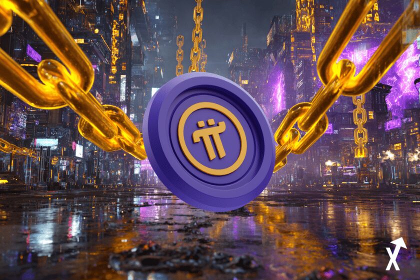 R&eacute;seau blockchain dans une ville cyberpunk, maillons de cha&icirc;ne n&eacute;on violet et jaune flottant au-dessus de rues sombres et mouill&eacute;es, structures de blocs holographiques, &eacute;nergie plasma violette reliant des n&oelig;uds dor&eacute;s, atmosph&egrave;re Blade Runner, reflets &eacute;lectriques lumineux, ultra d&eacute;taill&eacute; pi coin au centre