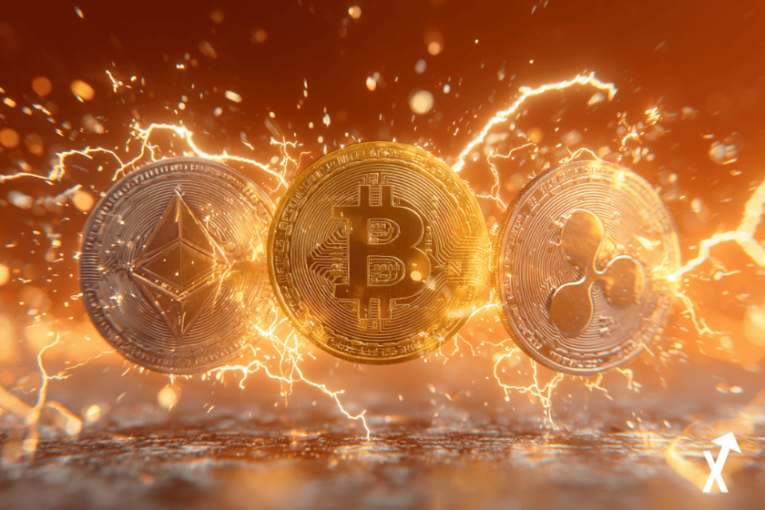 Pi&egrave;ces Bitcoin BTC Ethereum ETH et XRP en l&eacute;vitation ensemble, entour&eacute;es d'&eacute;tincelles &eacute;lectriques et d'&eacute;clats d'&eacute;nergie, fond orange vif