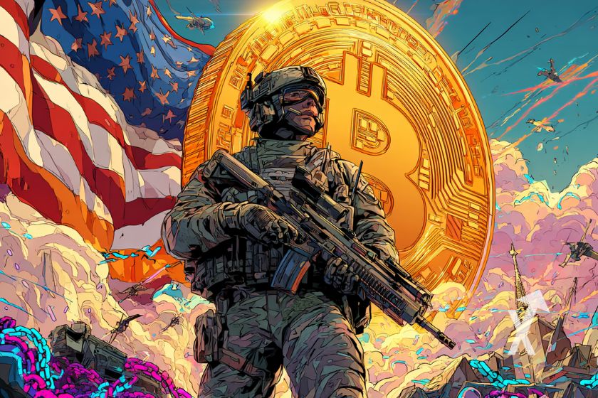 soldat am&eacute;ricain avec un Bitcoin en or derri&egrave;re et un drapeau am&eacute;ricain