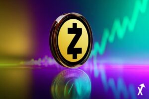 Pièce Zcash ZEC dorée lumineuse s'élevant dramatiquement sur fond indigo profond et vert émeraude, silhouette de Tyler Winklevoss reflétée sur la pièce, bouclier de confidentialité rayonnant des faisceaux teal, graphique de prix ascendant vert vif,