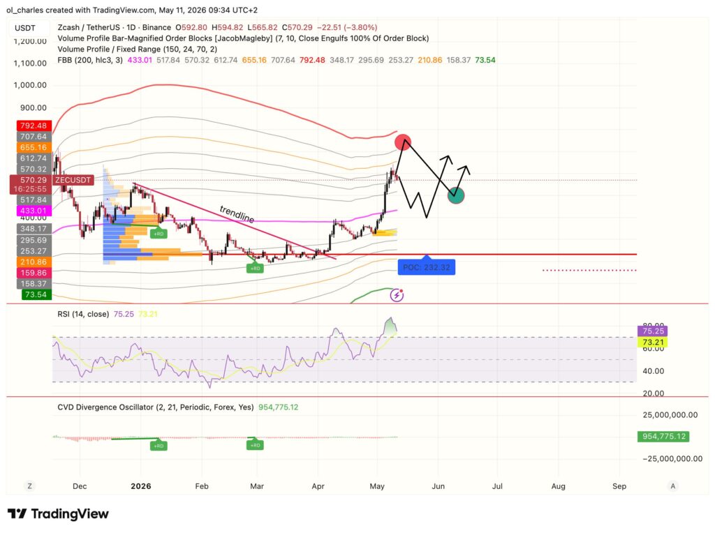 ZEC price chart over 1 day with Fibonacci retracement, Volume Profile, and order block analysis
