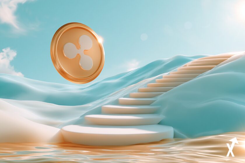 Logo XRP Ripple en orbe dor&eacute;e lumineuse flottant au-dessus d'un paysage financier blanc et or lumineux, escalier abstrait en trois phases fait de lumi&egrave;re douce montant vers un ciel brillant, palette turquoise et or chaud, illustration &eacute;ditoriale pastel &eacute;pur&eacute;e, art financier crypto minimaliste professionnel, atmosph&egrave;re lumineuse