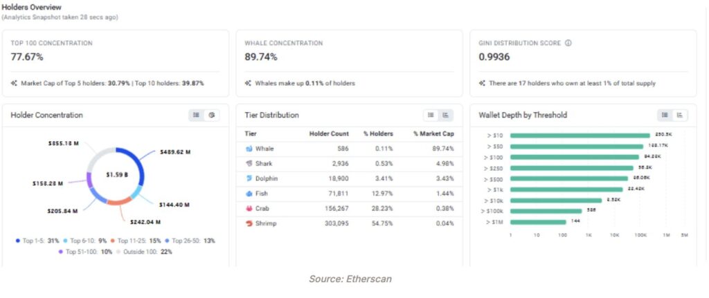 PEPE holders dashboard on Etherscan, whale concentration at 89.74% with 586 whales controlling $1.59 billion
