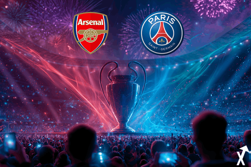 psg arsenal finale de Ligue des Champions, troph&eacute;e dor&eacute; de Ligue des Champions brillant au centre entour&eacute; des couleurs rouge d'Arsenal et bleu du Paris Saint-Germain, silhouettes abstraites de supporters en premier plan tenant des smartphones lumineux pour parier, feux d'artifice dor&eacute;s spectaculaires et &eacute;tincelles &eacute;lectriques explosant dans le ciel du stade, lumi&egrave;res dramatiques de stade en rouge bleu et or, confettis tombant en couleurs des &eacute;quipes, atmosph&egrave;re sportive cin&eacute;matique, couleurs vibrantes et satur&eacute;es, sans fond sombre plat
