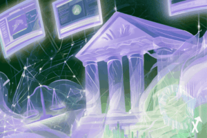 plateformes Polymarket et Kalshi brillant en lumière violet et vert lime argent, silhouette abstraite de palais de justice se dissolvant en nœuds de réseau blockchain, balances de justice réglementaires se transformant en graphiques de marchés de prédiction crypto
