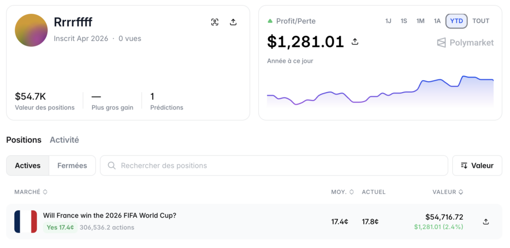 Profile of a trader on Polymarket and their bet on France