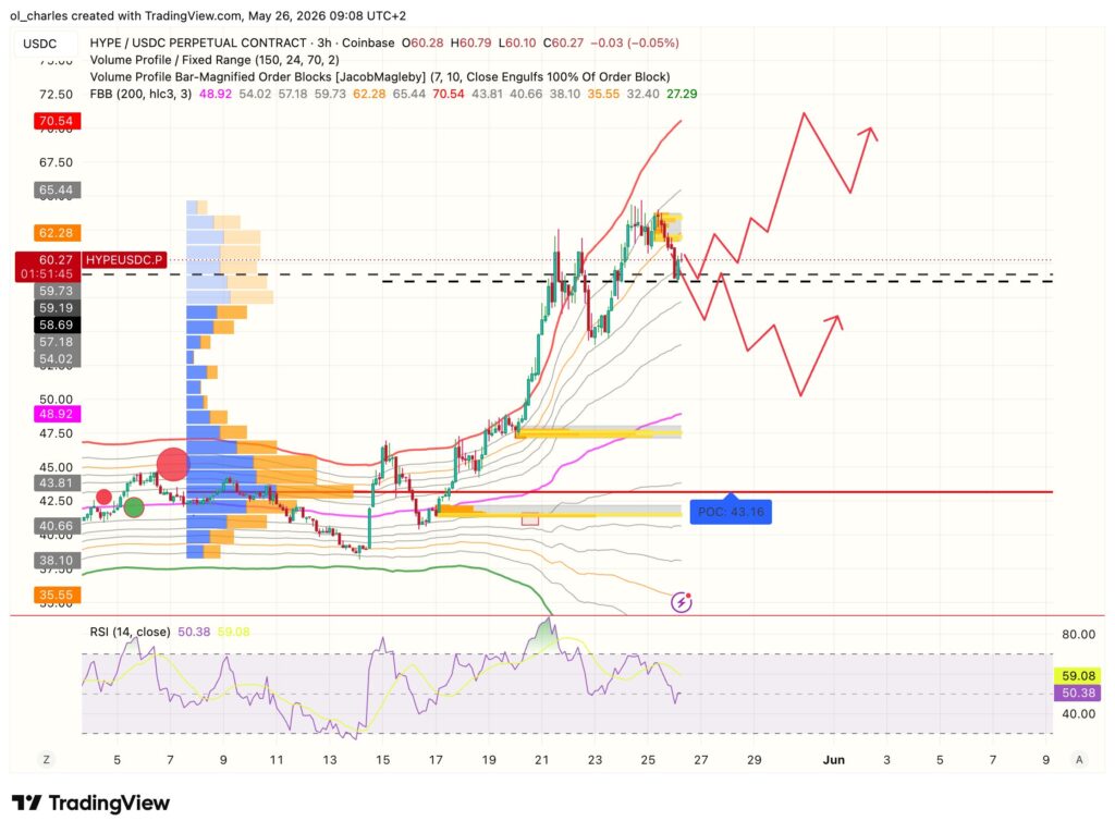 HYPE price chart over 3 hours with order block and RSI